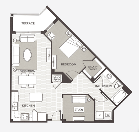Floor plan for 1 bed, 1 bath, 912 sqft